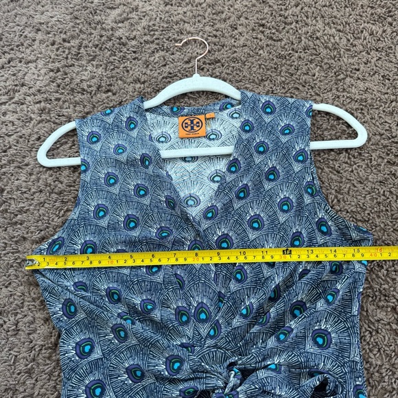 Tory Burch 100% Silk Wrap Dress Peacock Feather Print Sleeveless Purple Blue S - Picture 10 of 13